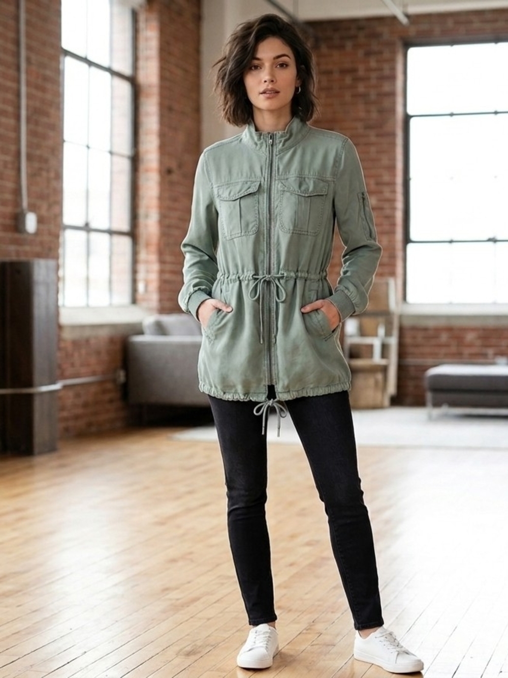 BKE Military Cargo Safari Jacket S Sage Green Lyocell Drawstring Waist Utility